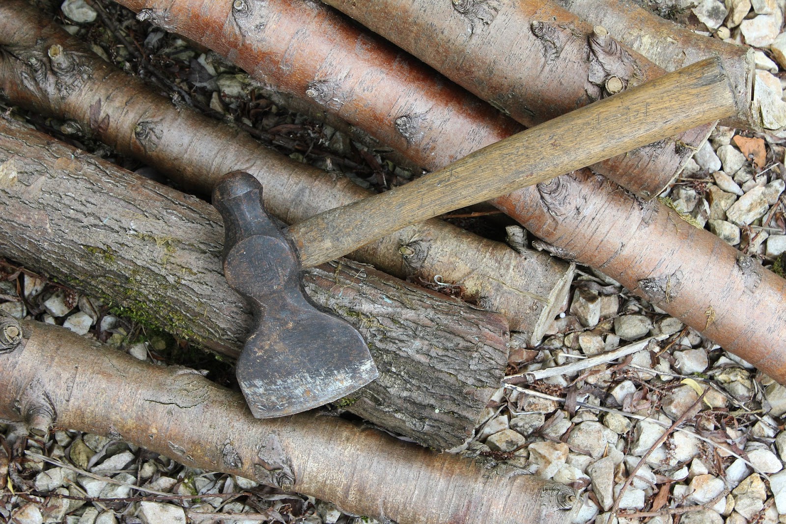 old-fashioned hatchet on top of cut logs