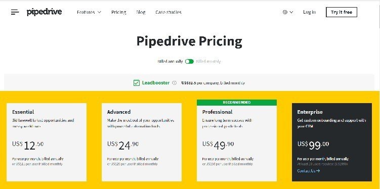 Página de precios de Pipedrive