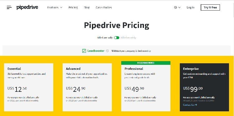 Page de tarification Pipedrive