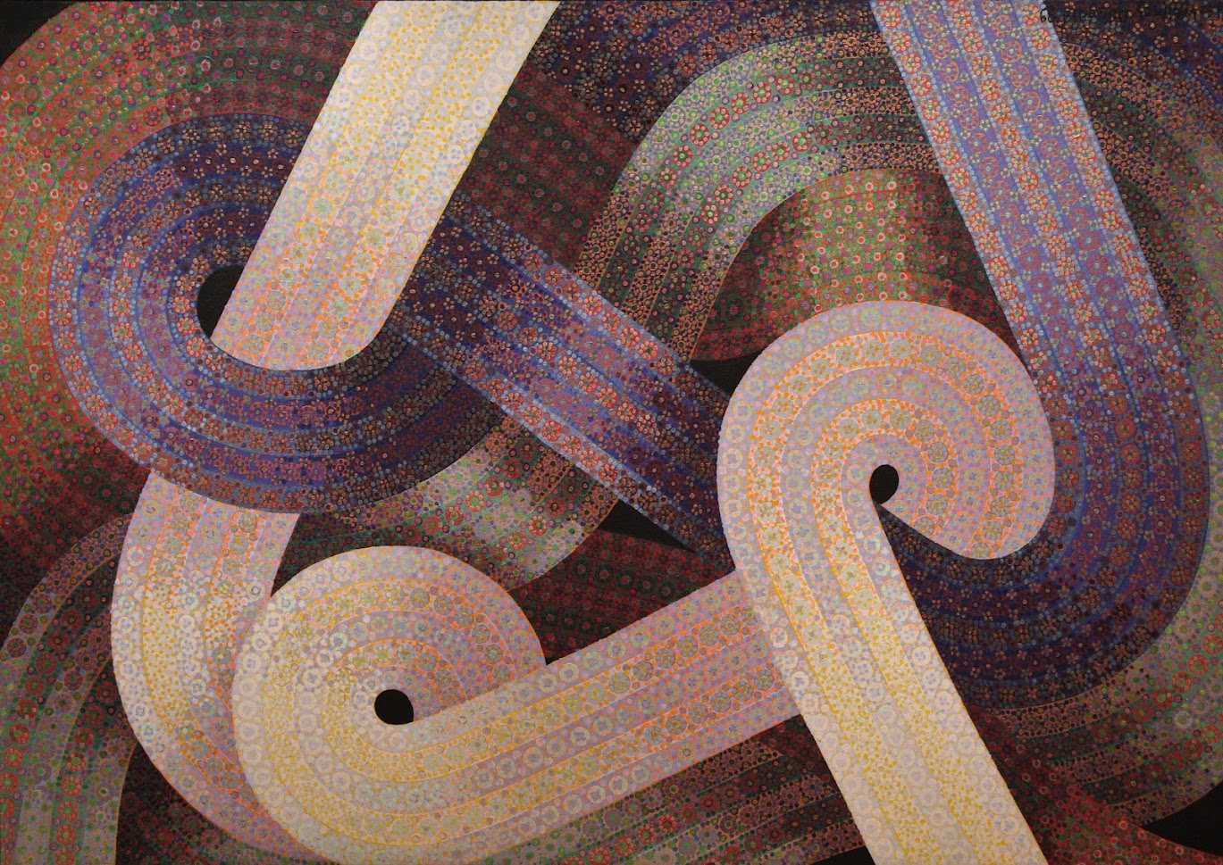 A painting of ribbons in Byzantine style with purples, reds, yellows, and greens. 