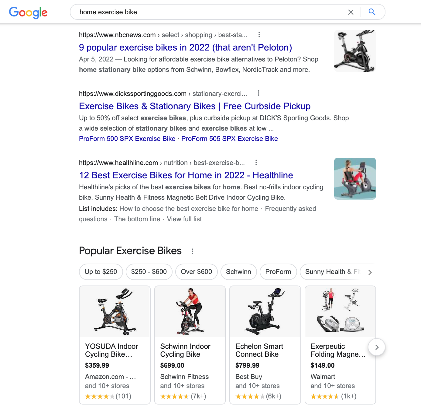 Home exercise bike search on Google