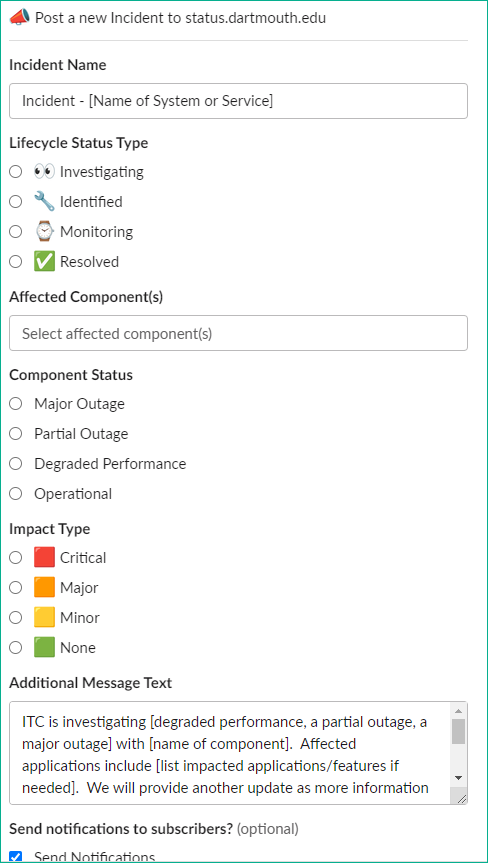 screenshot of Slack app to post a new incident