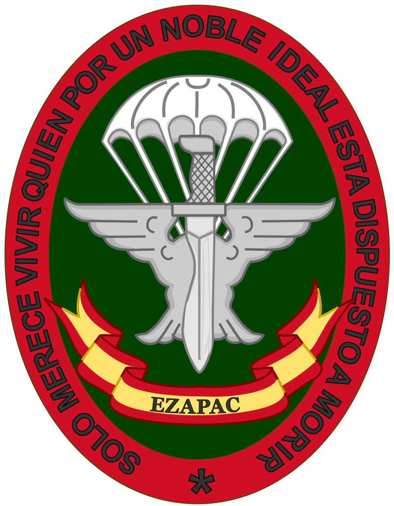 The unit's coat of arms consists of a dagger superimposed on wings indicating that it is a special forces unit of the air force. In the background is a parachute, indicating the unit's status as paratroopers. Under this the Spanish flag with the acronym of the unit (EZAPAC). Bordering we find the unit's motto.