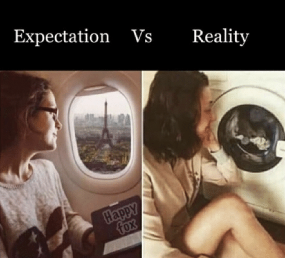 2021 meme of woman looking into a dryer instead of out an airplane window