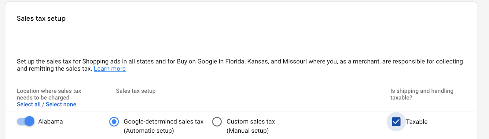 Google Merchant Center account set up taxes