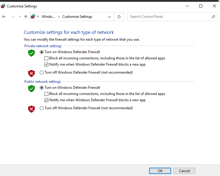 Windows settings - Windows Defender firewall