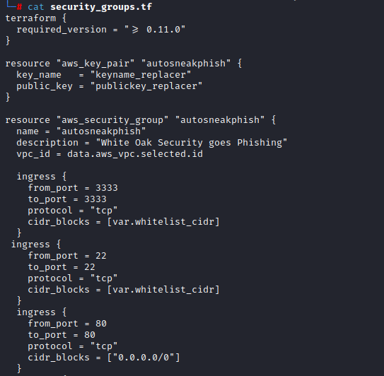 security_groups.tf screenshot of terraform and autosneakphish code by White Oak Security