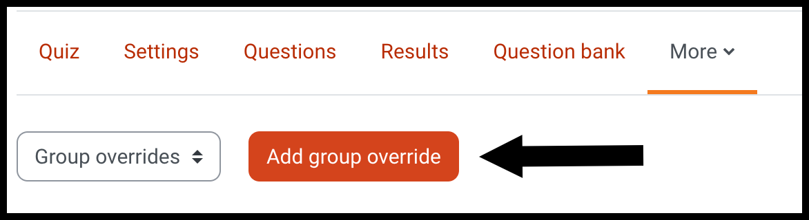 Top menu includes: Quiz, Settings, Questions, Results, Question Bank and More. Arrow pointing to Add group override button