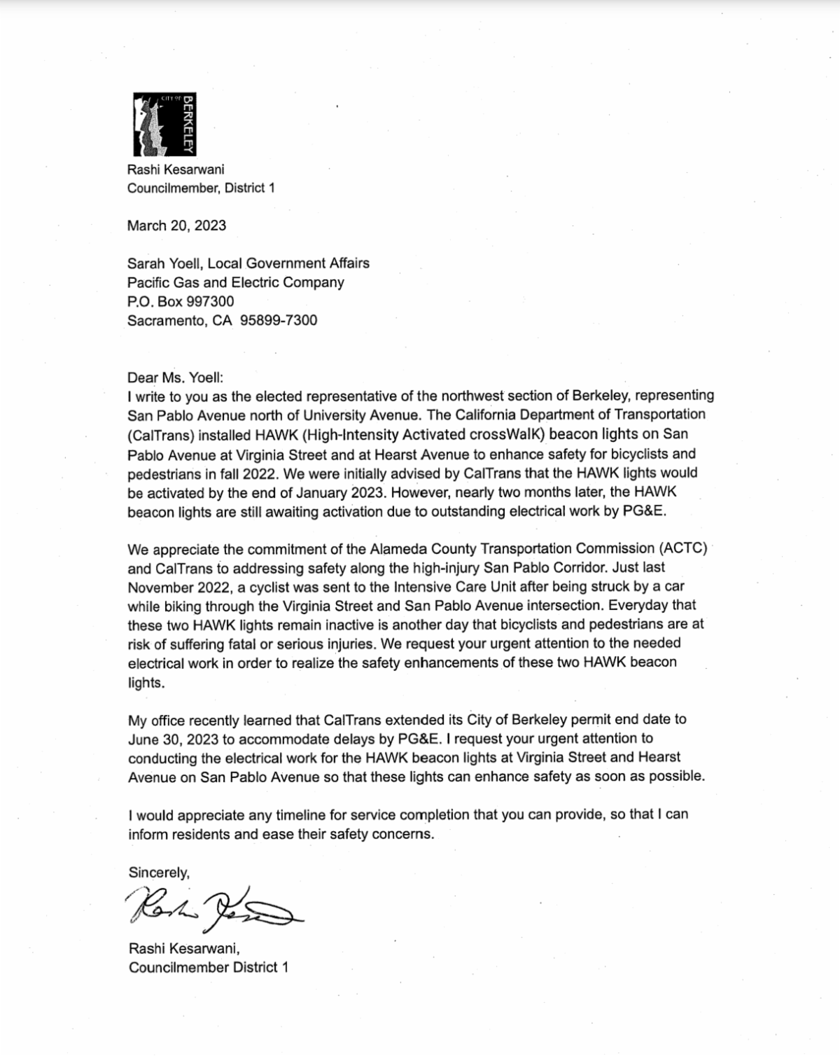 Letter from CM. Kesarwani to PG&E