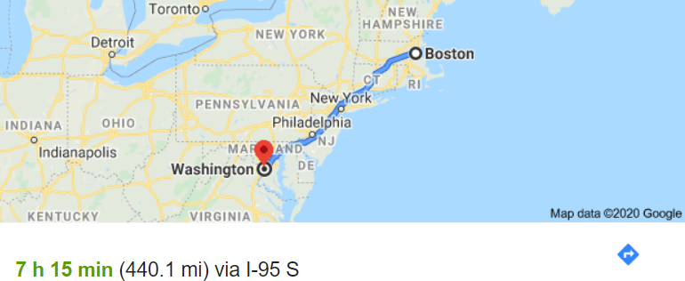 Drive map from Boston to Washington, DC