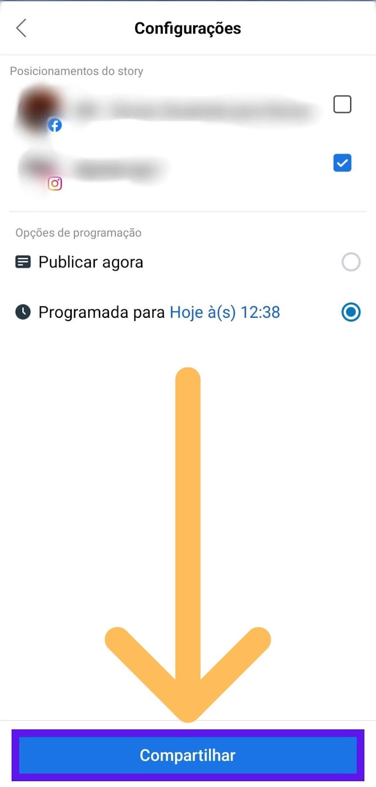 tela pedindo para clicar em compartilhar story que será postado mais tarde