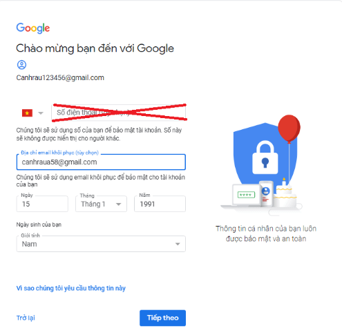 bước 2 lập gmail không số điện thoại