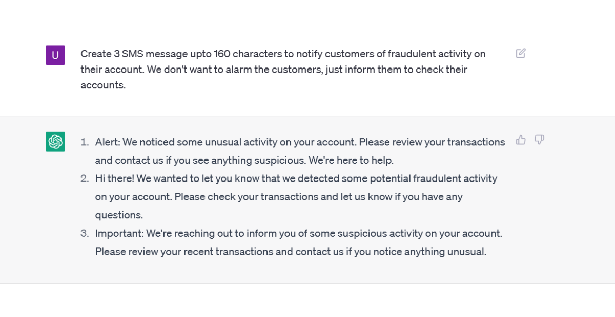 chatgpt prompt and response when asked to generate sms for fraudulent activities
