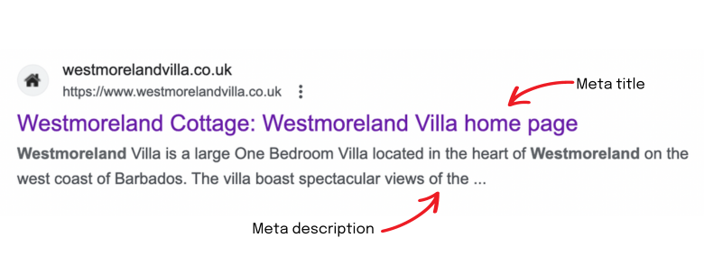 hotel seo example showing meta title and meta description