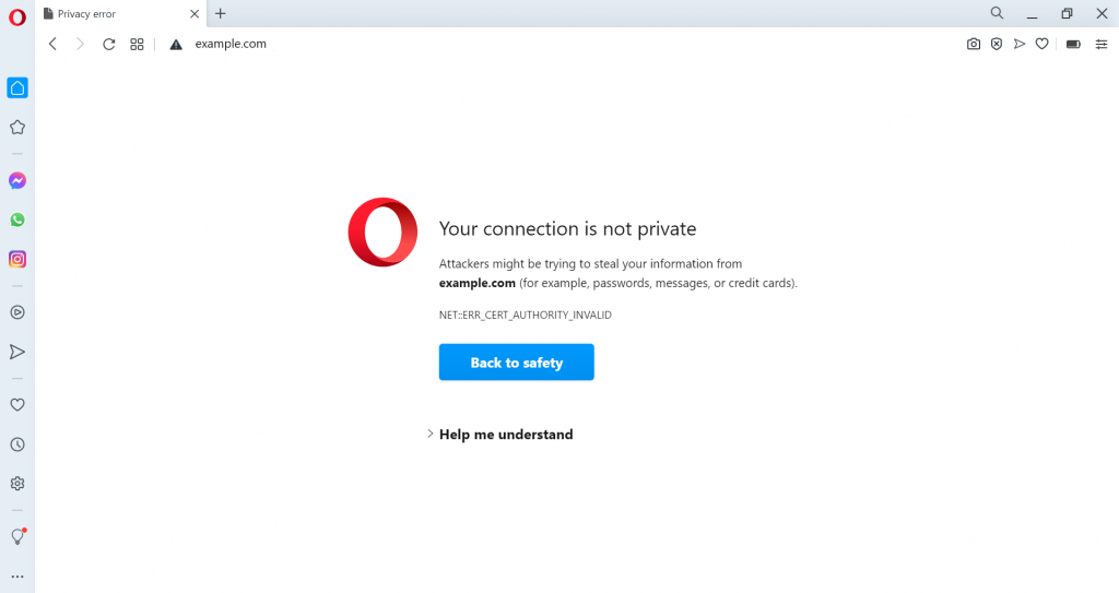 Capture d'écran montrant l'erreur "votre connexion n'est pas privée" sur Opera