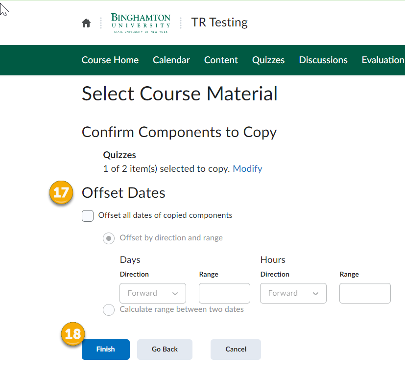 Finish it This image displays steps 17 and 18. You can offset dates on this screen. Ultimately click Finish to make the copying start.