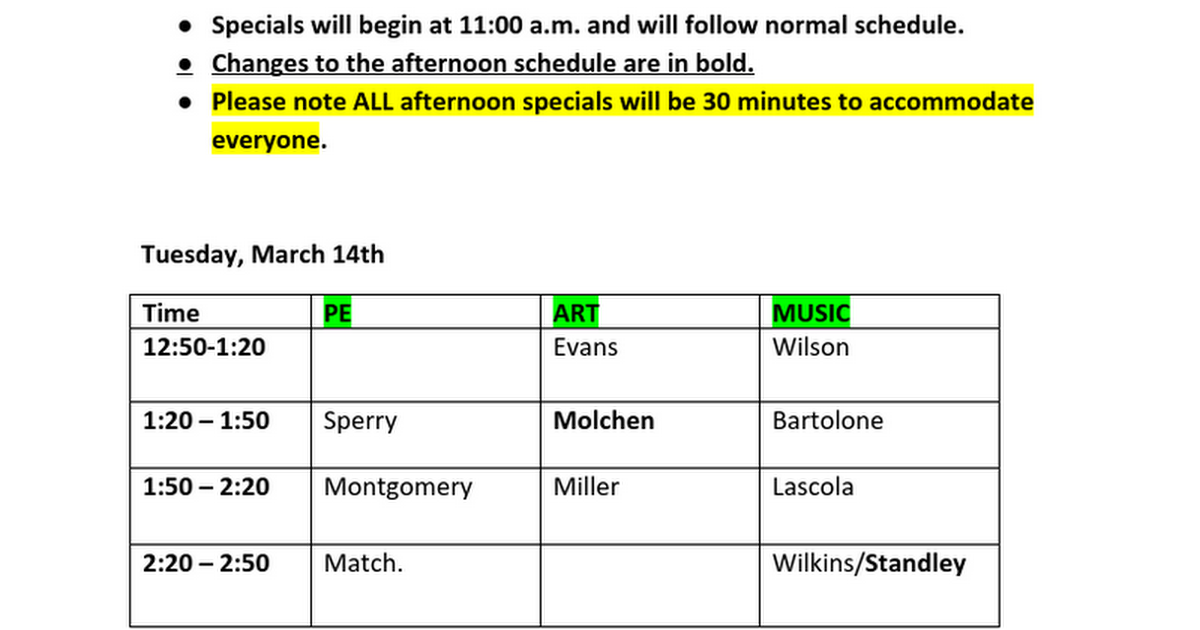 Revised schedule due to testing on Wednesday and Thursday