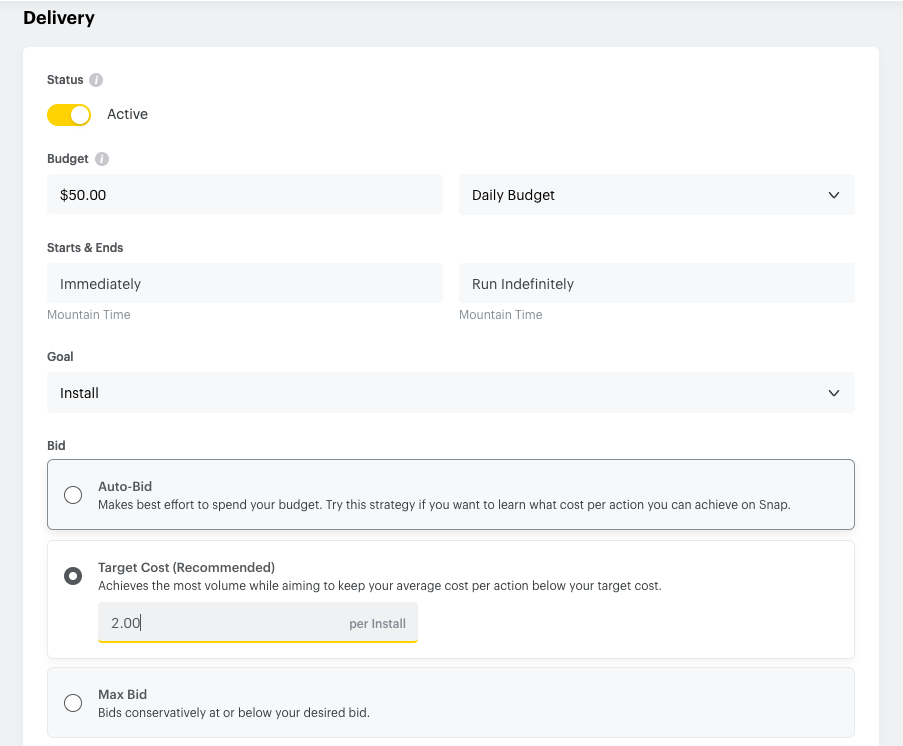 'Delivery' settings in Snapchat Ads.