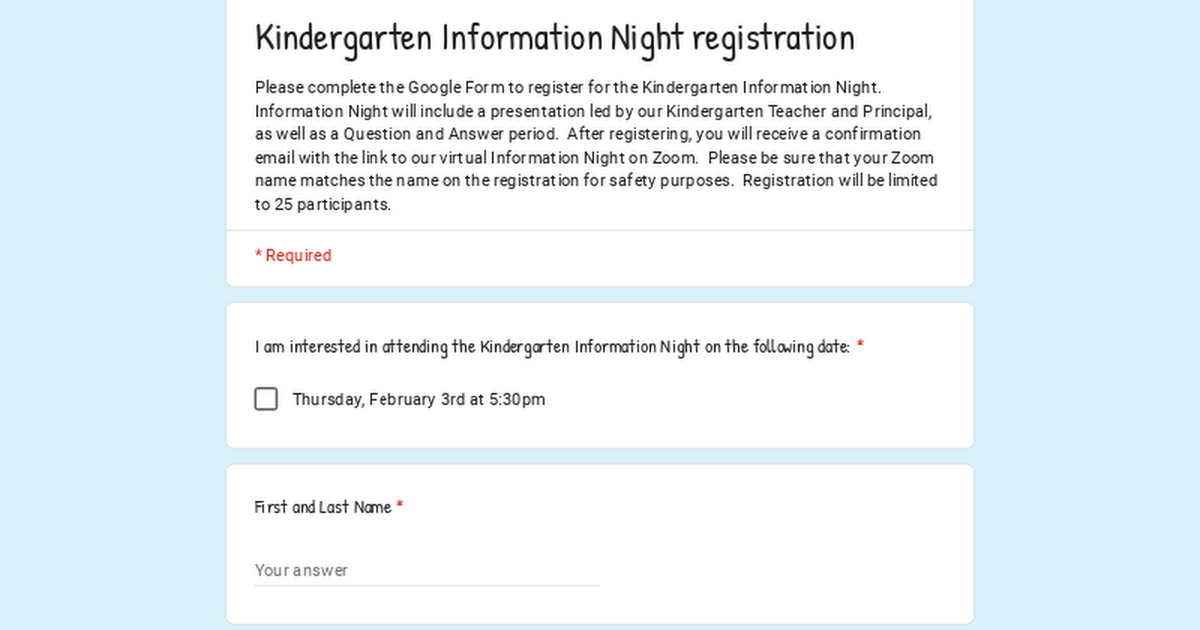 Kindergarten Information Night registration