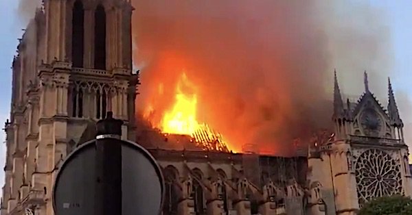 Notre Dame Cathedral in Paris, France, engulfed in fire April 15, 2019 (Video screenshot)