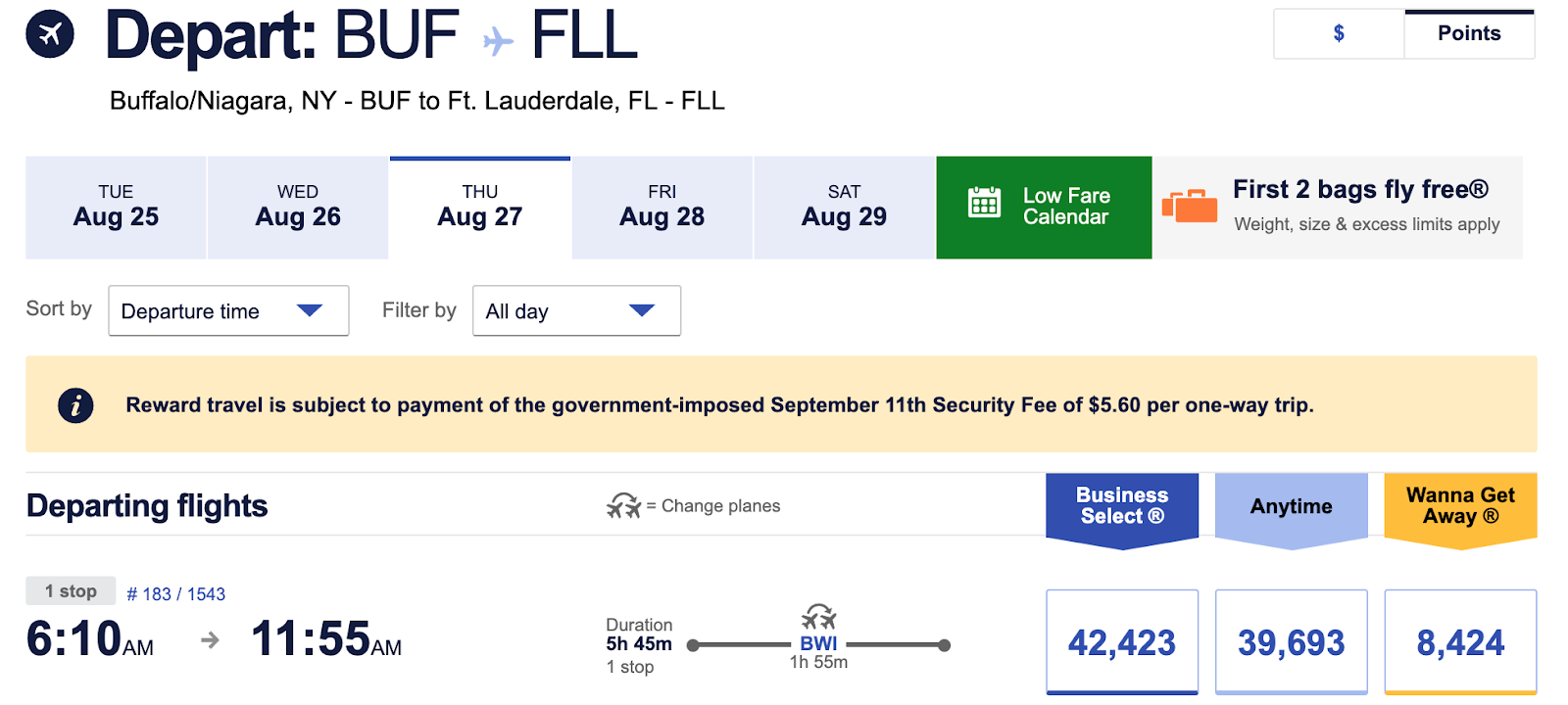 Screenshot of Southwest Flight booking from BUF-FLL for 8,424 wanna getaway fare