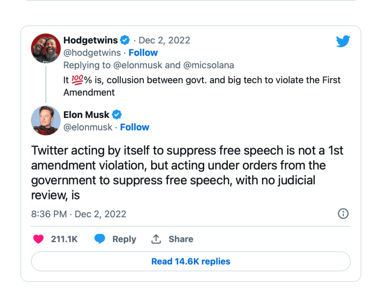 Elon Musk Tweet to on government breaking Constitutional right of free speech