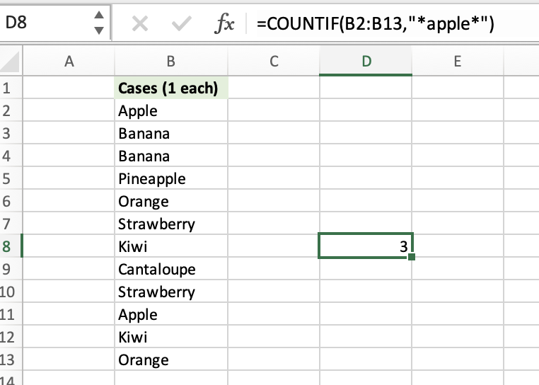 Table displayed next to a formula that shows how to use the asterisk wildcard character