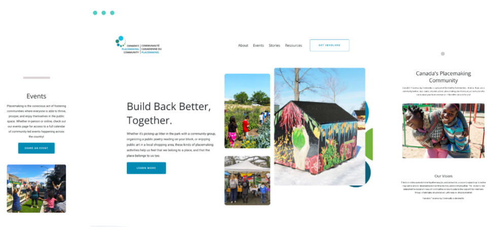 screenshot showing the Placemaking Community homepage, which shows photos of suburban community projects with a lot of white space to offset their outdoorsy content 