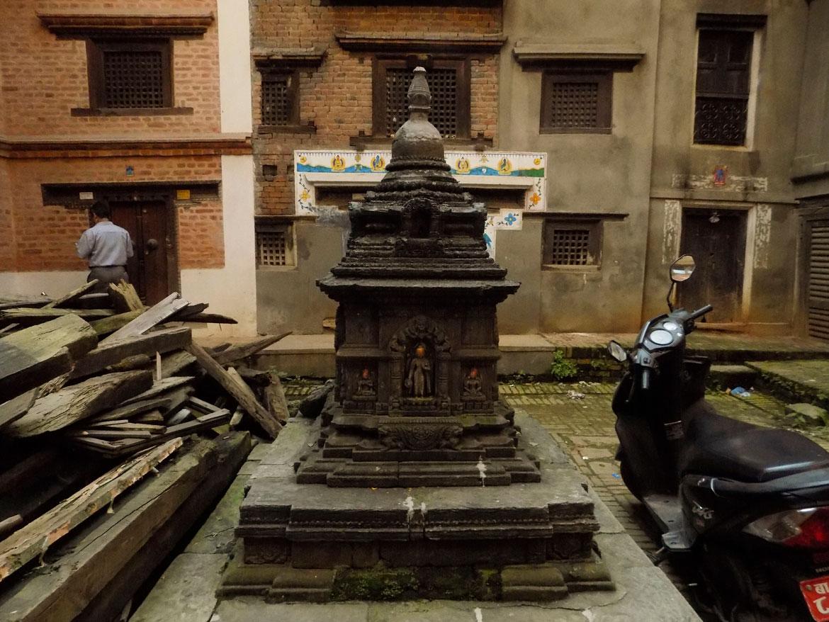 Stupas or chaityas come in many sizes and designs in Patan. This one watches over a courtyard that was affected by the 2015 earthquake