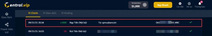 Kiểm tra đã nhận được +1,000 Central sau ít phút