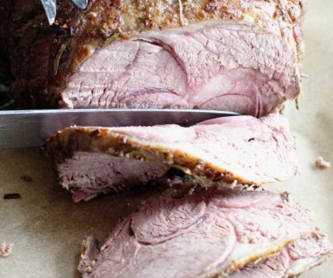 Perfectly roasted and sliced lamb.