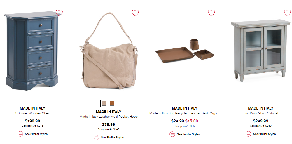 screenshot from TJMaxx made in italy section includes set of drawers, a purse, a desk organizer and a cabinet