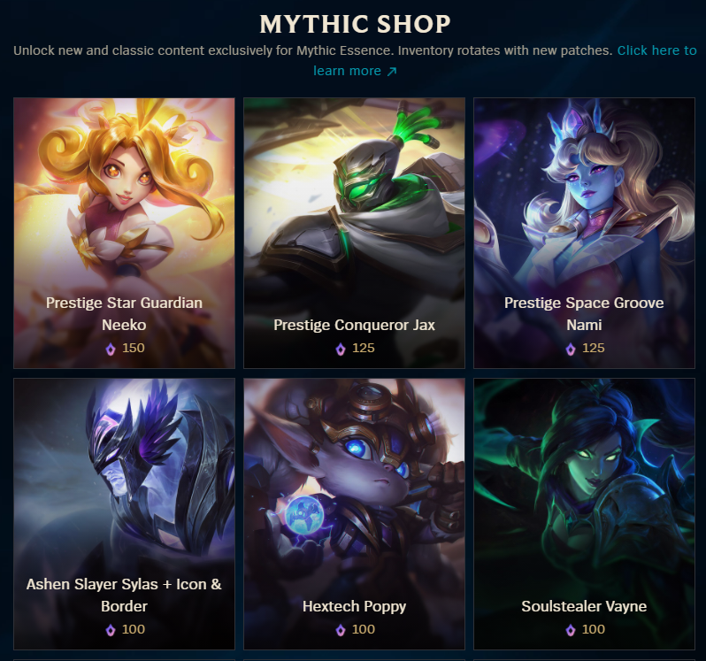 Available skins to Purchase with Mythic Essence in LoL