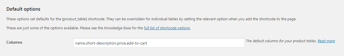 Colunas da tabela de produtos WooCommerce