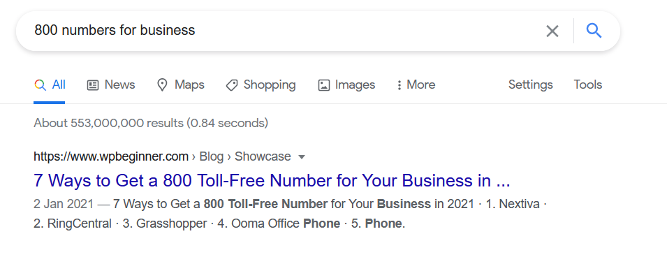 google search result for "800 numbers for business" example for product page SEO