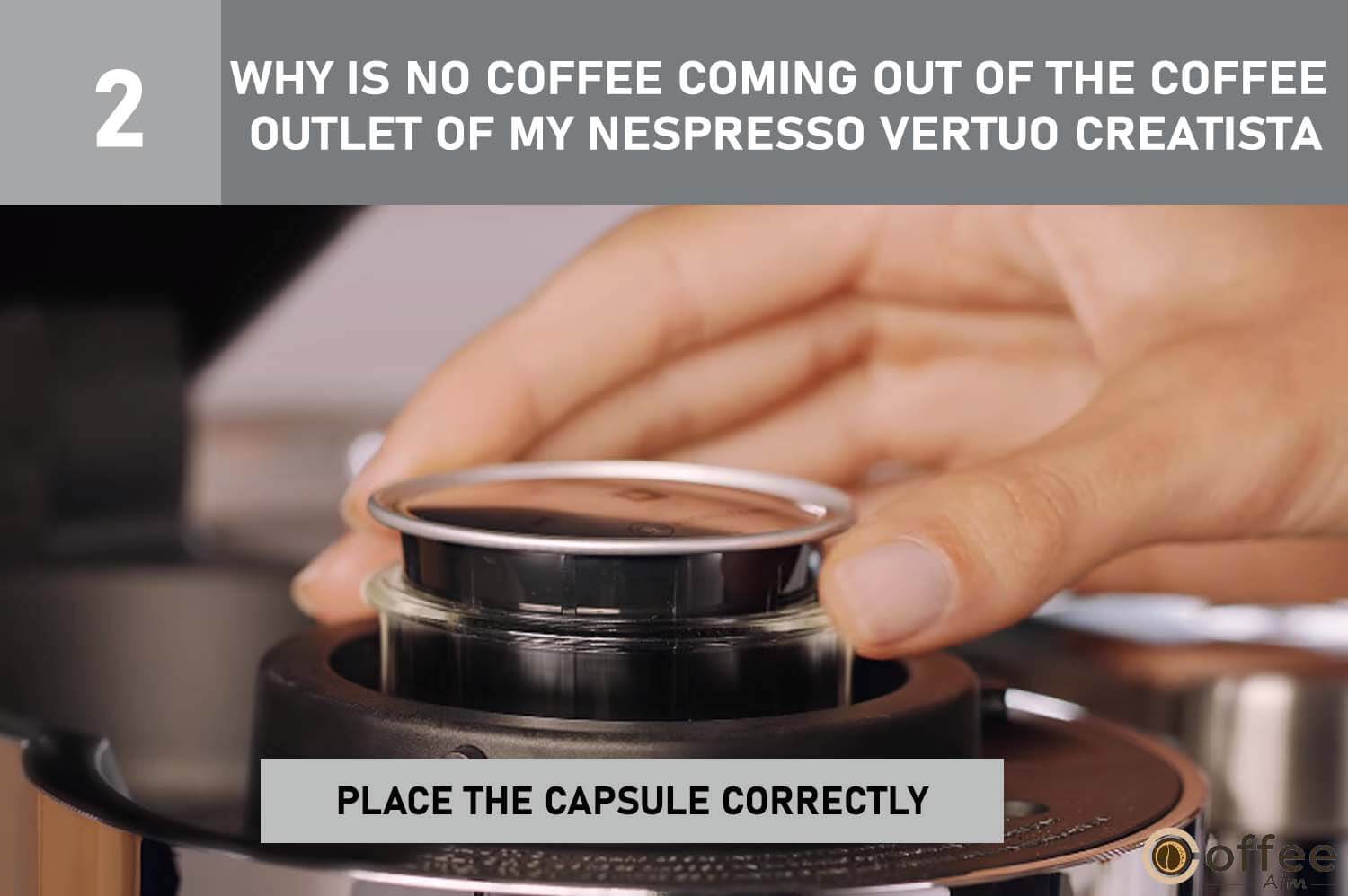 The image shows how to put the coffee capsule in the Nespresso machine correctly. It's vital for fixing coffee issues.