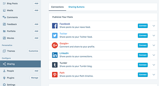 Habilitando o compartilhamento social no WordPress.com