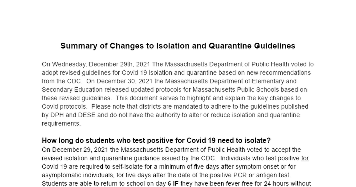 Summary of Changes to Isolation and Quarantine Guidelines