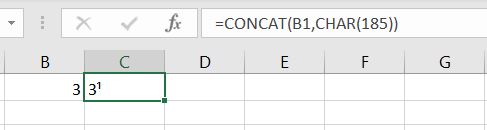 Concatenate the Number and the superscript using the CHAR function