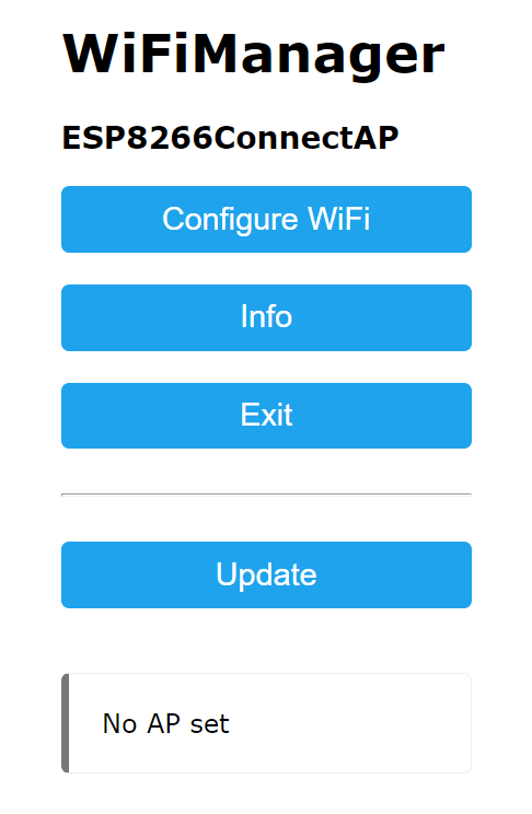 A picture of a WiFi portal landing page with the options of Configure WiFi, Info, Exit, and Update.