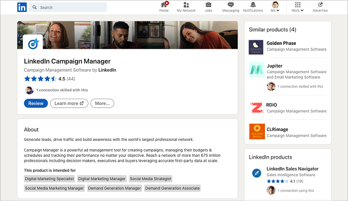 Página de produto do LinkedIn