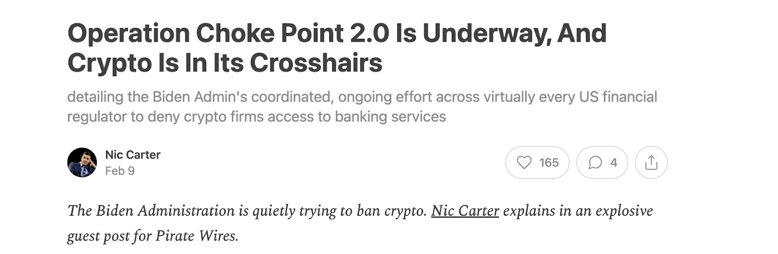 Screenshot of Nic Carter Operation Choke Point 2.0 article