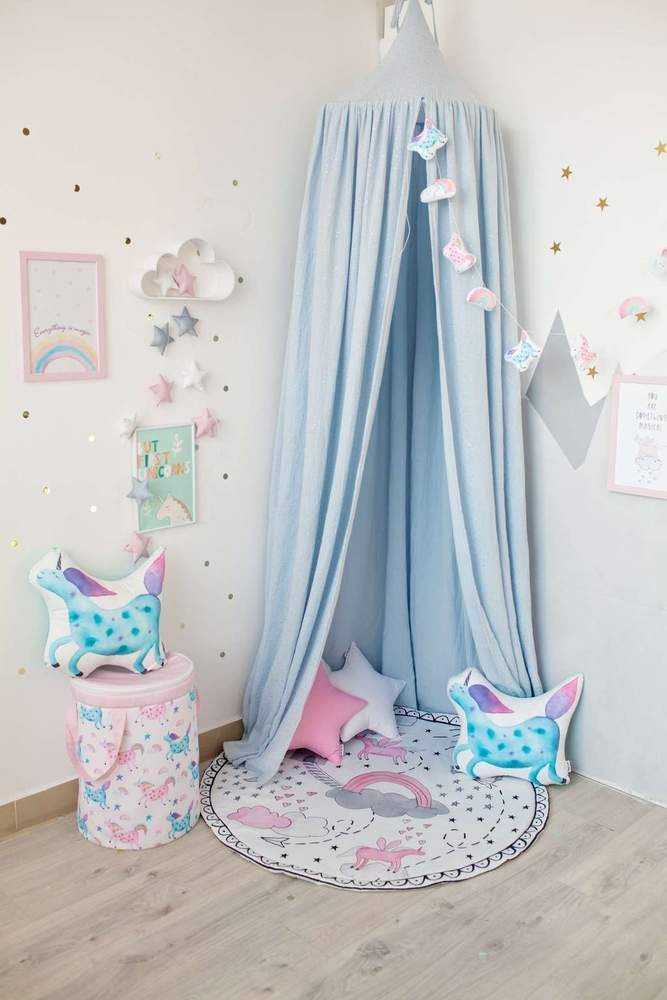 Muslin Sky Blue Canopy and Pink Accessories