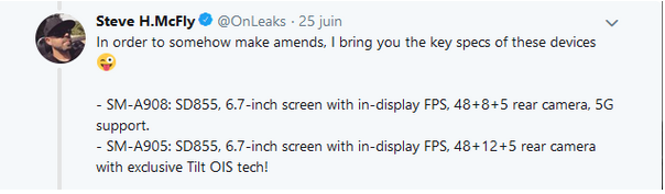 Fiche technique du Samsung Galaxy A90 (Twitter)