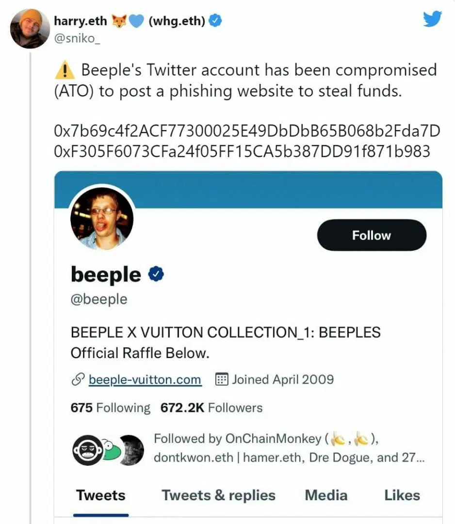 L'usurpateur de l'identité de Beeple a dérobé 440 000 dollars à des utilisateurs sur Twitter