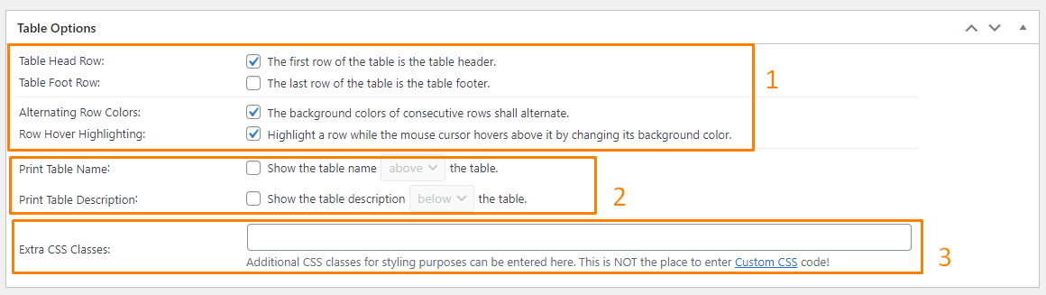 Create Tables in WordPress: Table option to make a table more stylish.