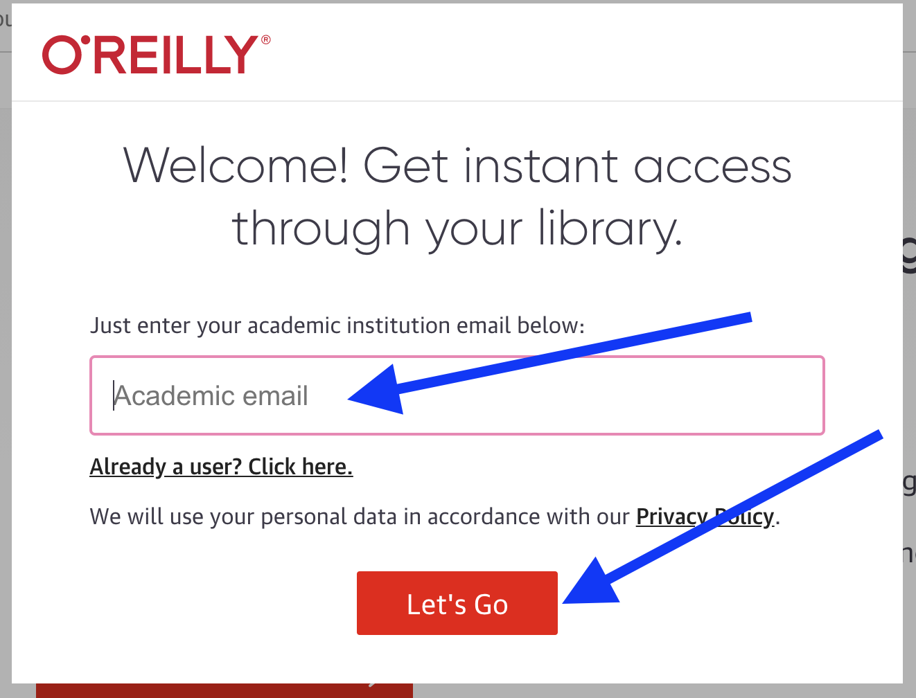 O'Reilly login screen with space to enter your academic email.