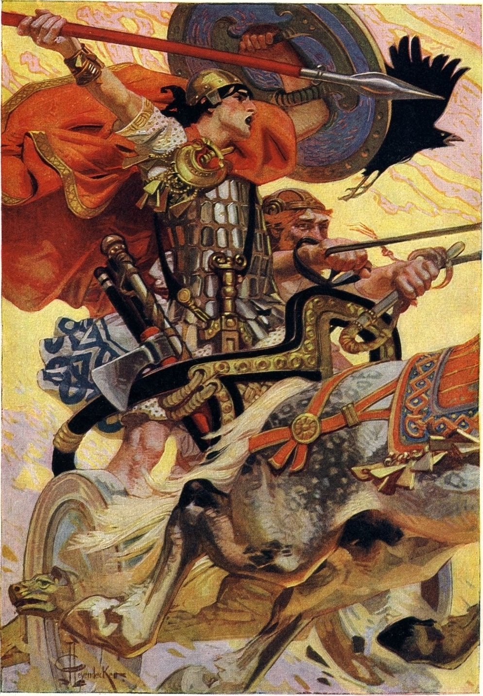 An image of the mythic Irish warrior Cuchulain in battle.