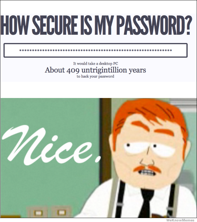 This is not our pic, it's from WeKnowMemes. It shows top half of a password that's super long with the title how secure is my password? The results show it would take about 409 untrigintillion years to hack with the bottom half of a character saying NICE.