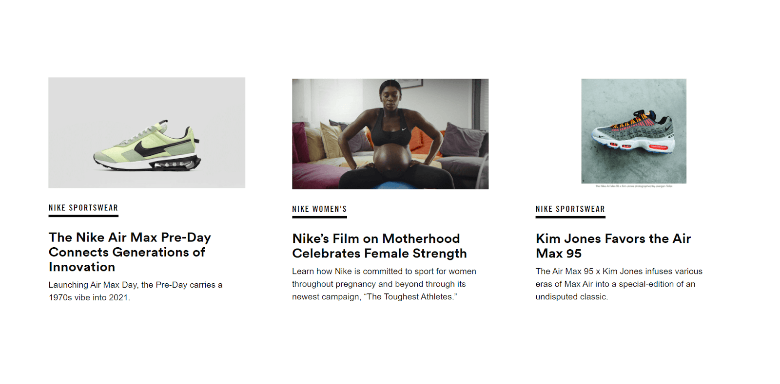 The Nike News blog. An article that "Celebrates Female Strength" is flanked by two promotional sneaker posts.